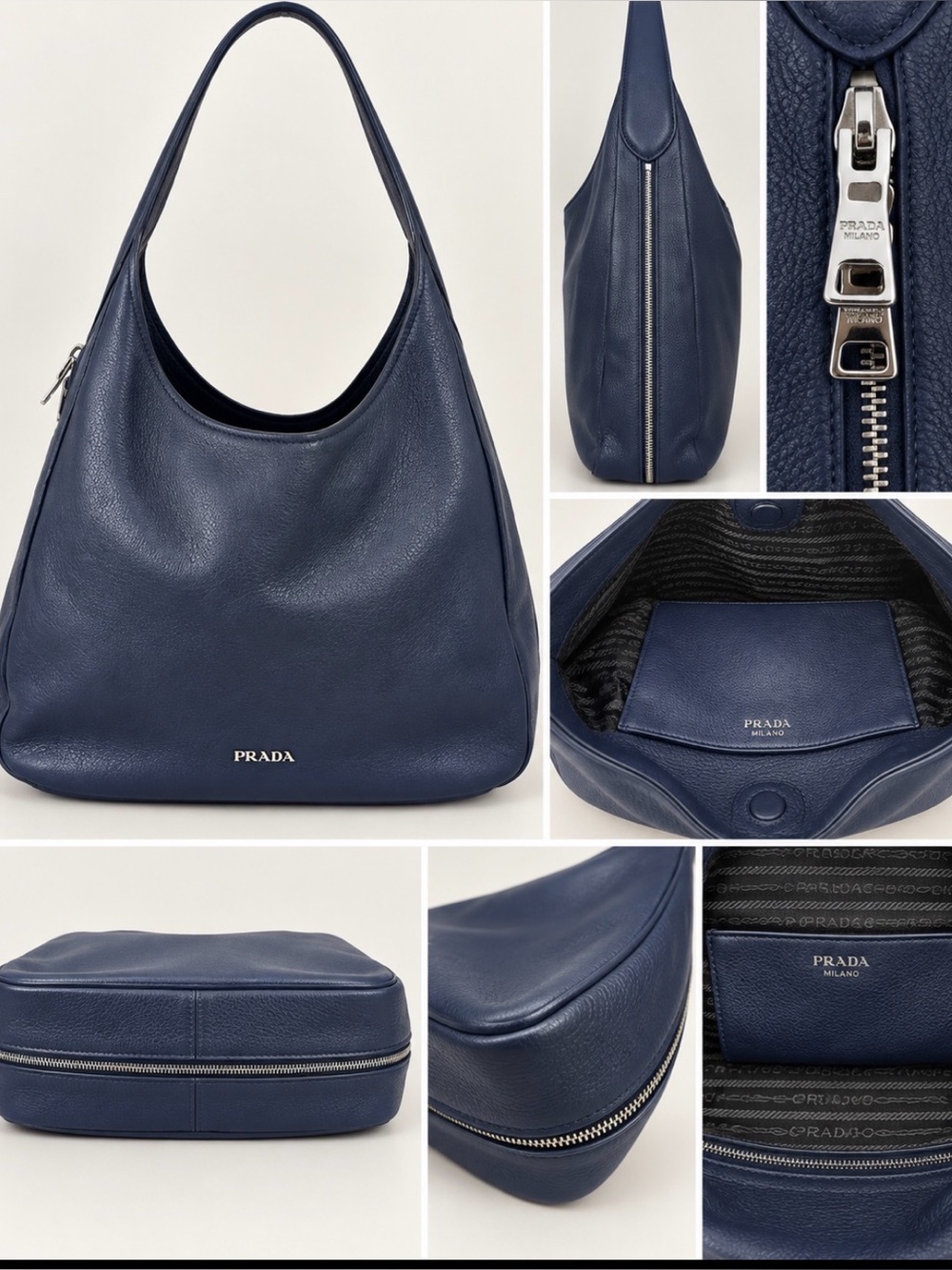 Prada Vitelli Daino Midnight Blue Pebbled Leather Hobo Bag